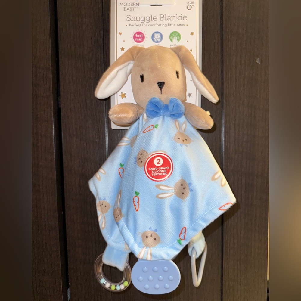 Modern Baby Bunny Lovey Security Blanket Teethers Rattle Infant Gift Blue New